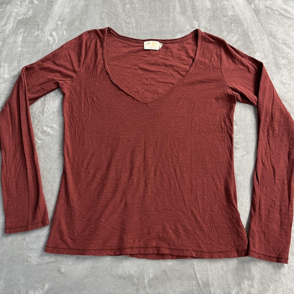 Nation LTD Shirt Womens‎ Medium Red Pima Cotton V Neck Long Sleeve Top Essential